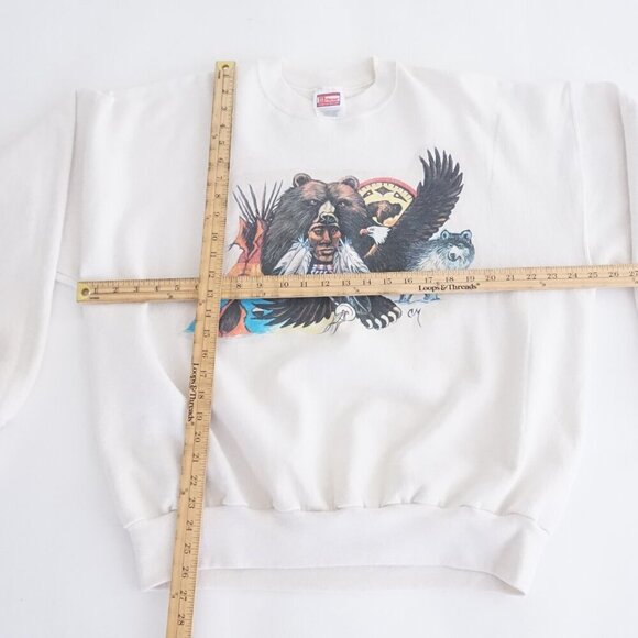 Vintage Hanes White Indigenous Animal Print Cotton Blend Crewneck Sweater XL - Picture 3 of 10